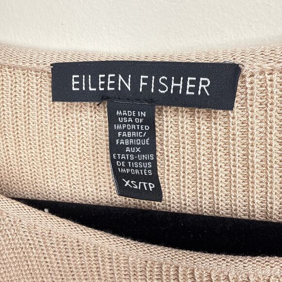 Eileen Fisher XS Tencel Long Sleeve Tan Sweater Mesh & Ribbed Detailing Minimal - Picture 6 of 7